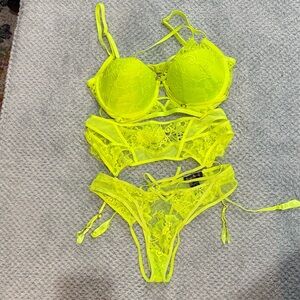 Honey Birdette Neon Yellow Lace Bra Set